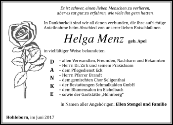 Traueranzeige von Helga Menz von Südthüringer Presse