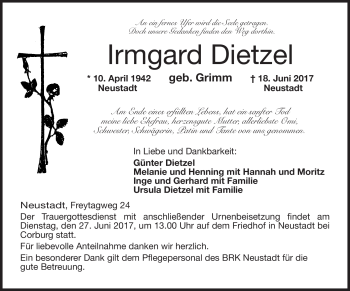 Traueranzeige von Irmgard Dietzel von Neue Presse Coburg