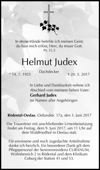 Traueranzeige von Helmut Judex von Neue Presse Coburg