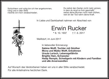 Traueranzeige von Erwin rucker von Frankenpost