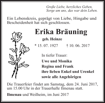Traueranzeige von Erika Bräuning von Südthüringer Presse