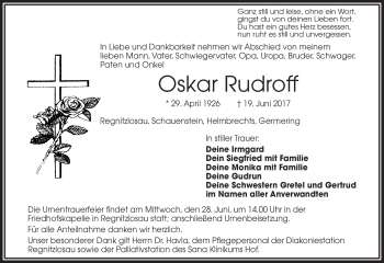 Traueranzeige von Oskar Rudroff von Frankenpost