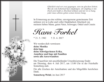 Traueranzeige von Hans Forkel von Südthüringer Presse