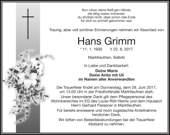 Traueranzeige von Hans Grimm von Frankenpost