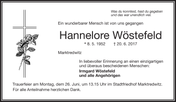 Traueranzeige von Hannelore Wöstefeld von Frankenpost