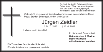Traueranzeige von Jürgen Zeidler von Frankenpost