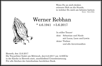 Traueranzeige von Werner Rebhan von Südthüringer Presse