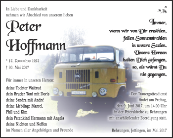 Traueranzeige von Peter Hoffmann von Südthüringer Presse