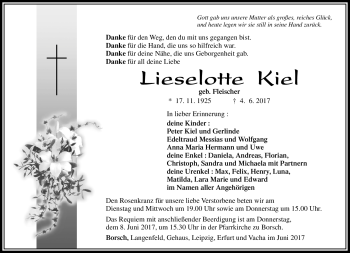 Traueranzeige von Lieselotte Kiel von Südthüringer Presse