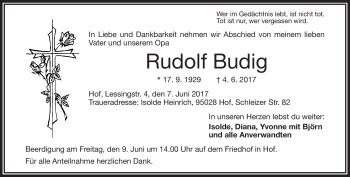 Traueranzeige von Rudolf Budig von Frankenpost