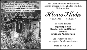 Traueranzeige von Klaus Hieke von Südthüringer Presse