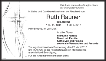 Traueranzeige von Ruth Rauner von Frankenpost