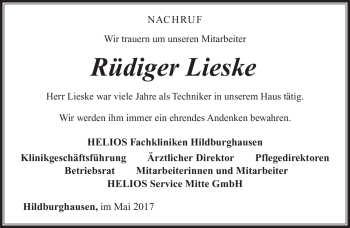 Traueranzeige von Rüdiger Lieske von Südthüringer Presse