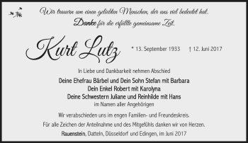 Traueranzeige von Kurt Lutz von Südthüringer Presse