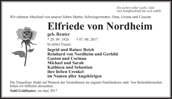 Traueranzeige von Elfriede von Nordheim von Südthüringer Presse