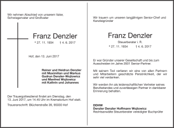 Traueranzeige von Frank Denzler von Frankenpost