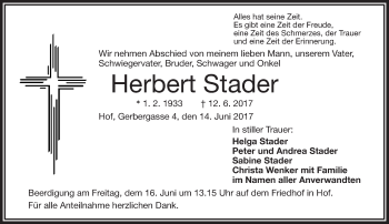 Traueranzeige von Herbert Stader von Frankenpost