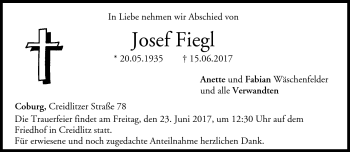 Traueranzeige von Josef Fiegl von Neue Presse Coburg