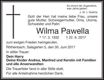 Traueranzeige von Wílma Pawella von Frankenpost