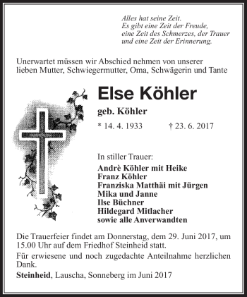 Traueranzeige von Else Köhler von Südthüringer Presse