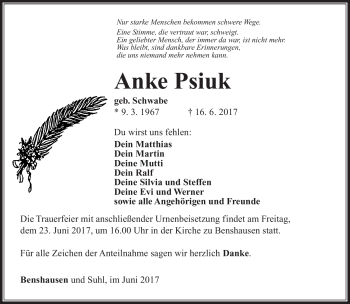 Traueranzeige von Anke Psiuk von Südthüringer Presse