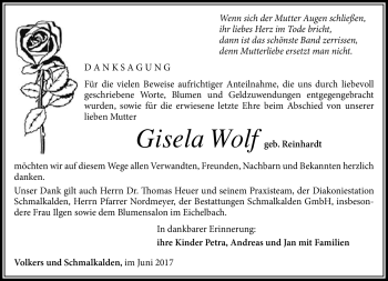Traueranzeige von Gisela Wolf von Südthüringer Presse