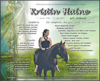 Traueranzeige von Kristin Haine von Südthüringer Presse