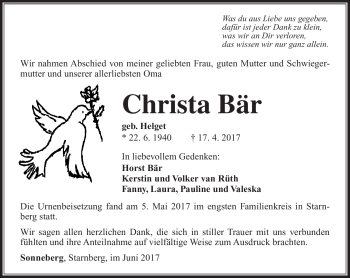 Traueranzeige von Christa Bär von Südthüringer Presse