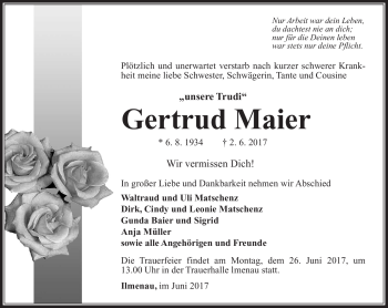 Traueranzeige von Gertraud Maier von Südthüringer Presse