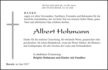 Traueranzeige von Albert Hohmann von Südthüringer Presse
