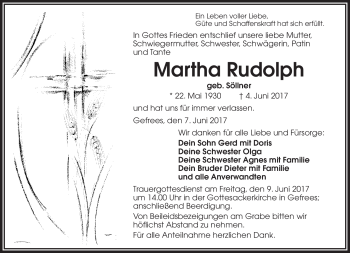 Traueranzeige von Martha Rudolph von Frankenpost