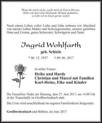 Traueranzeige von Ingrid Wohlfarth von Südthüringer Presse