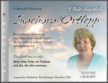Traueranzeige von Ingeborg Ortlepp von Südthüringer Presse