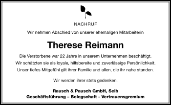 Traueranzeige von Therese Reimann von Frankenpost
