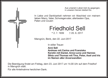Traueranzeige von Friedhold Sell von Frankenpost