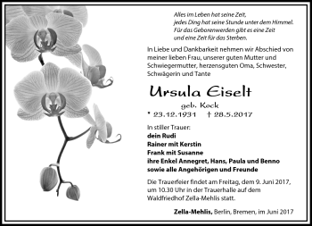 Traueranzeige von Ursula Eiselt von Südthüringer Presse