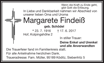 Traueranzeige von Margarete Findeiß von Frankenpost
