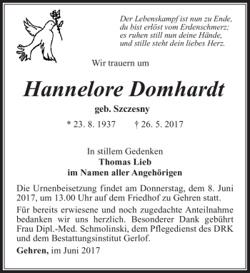 Traueranzeige von Hannelore Domhardt von Südthüringer Presse