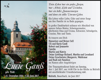 Traueranzeige von Lucie Ganß von Südthüringer Presse