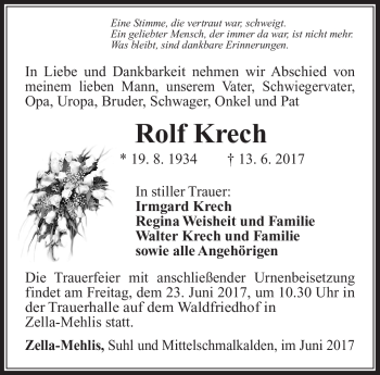 Traueranzeige von Rolf Krech von Südthüringer Presse