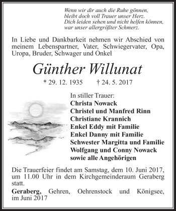 Traueranzeige von Günther Willunat von Südthüringer Presse
