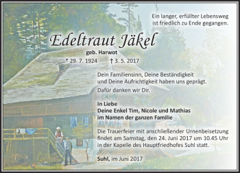 Traueranzeige von Jäkel Edeltraut von Südthüringer Presse
