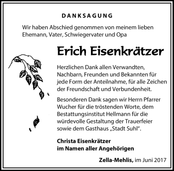 Traueranzeige von Erich Eisenkrätzer von Südthüringer Presse