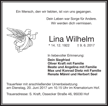 Traueranzeige von Lina Wilhelm von Frankenpost