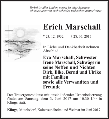 Traueranzeige von Erich Marschall von Südthüringer Presse