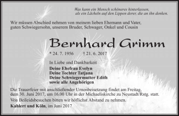 Traueranzeige von Bernhard Grimm von Südthüringer Presse