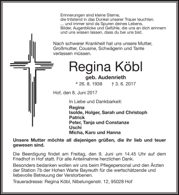 Traueranzeige von Regina Köbl von Frankenpost
