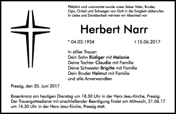 Traueranzeige von Herbert Narr von Neue Presse Coburg