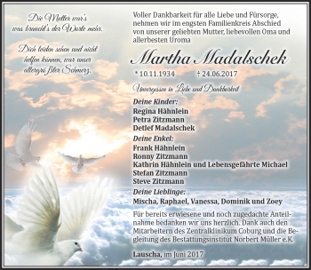 Traueranzeige von Matha Madalschek von Südthüringer Presse