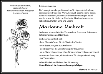 Traueranzeige von Marianne Umbreit von Südthüringer Presse